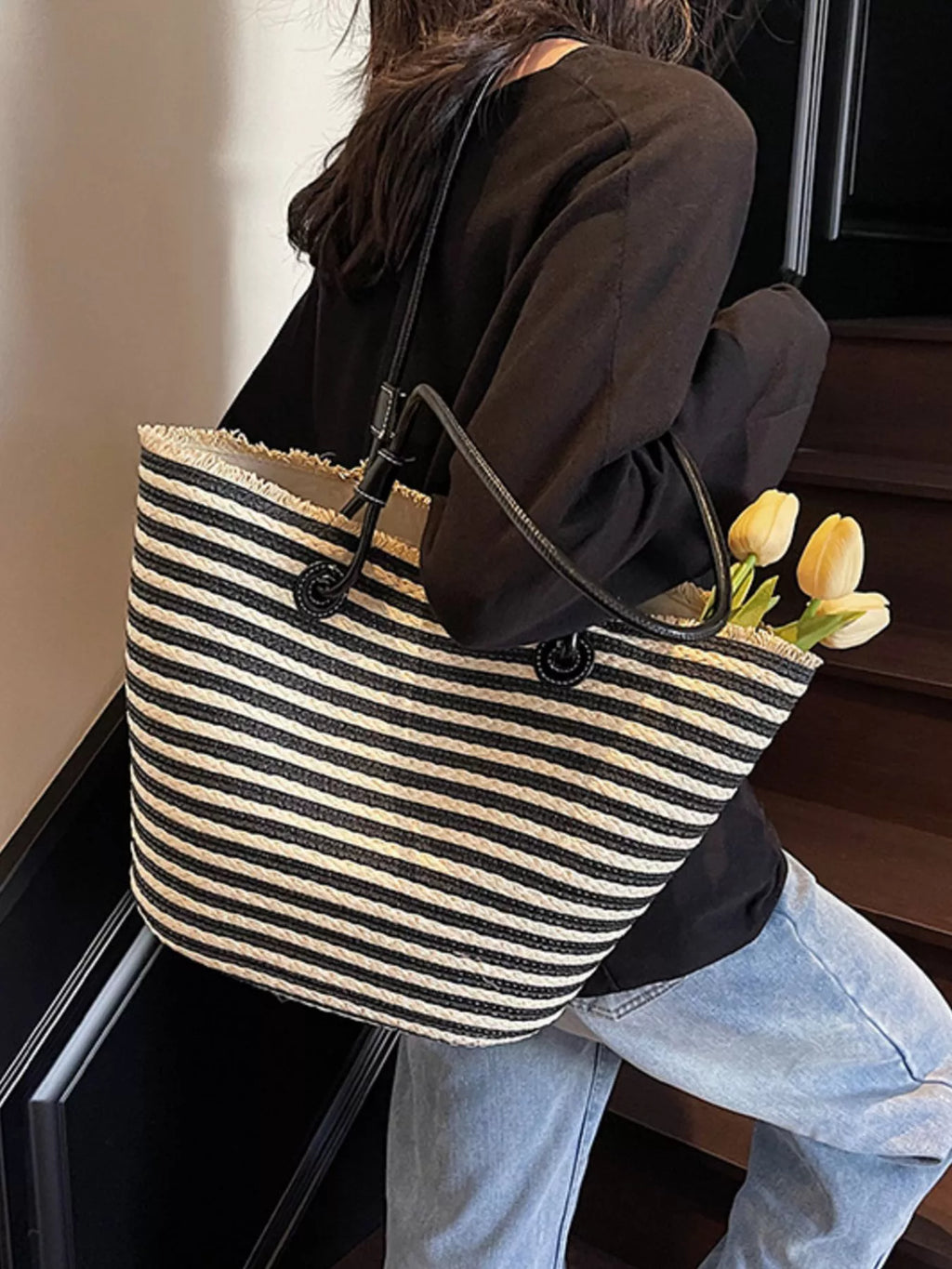 Striped Woven Straw Shoulder Bag