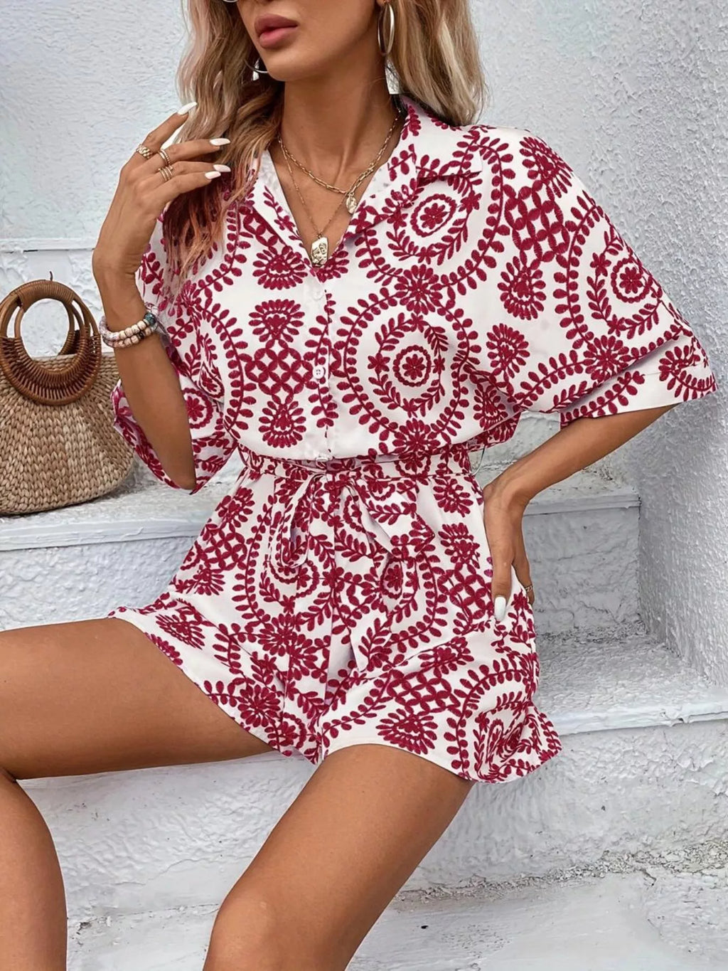 Printed Tie Waist Button Front Romper