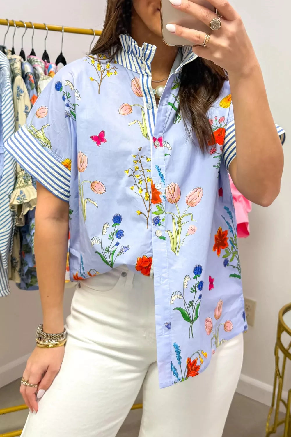 Floral Striped Patchwork Ruffled Collar Short Sleeve Shirt