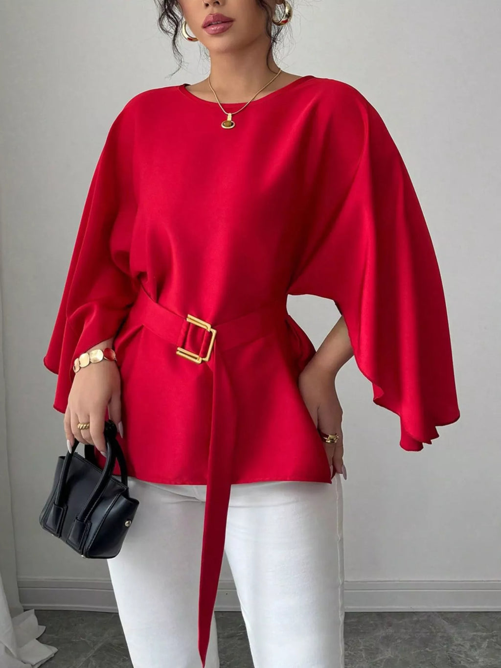 Batwing Sleeve Belted Blouse
