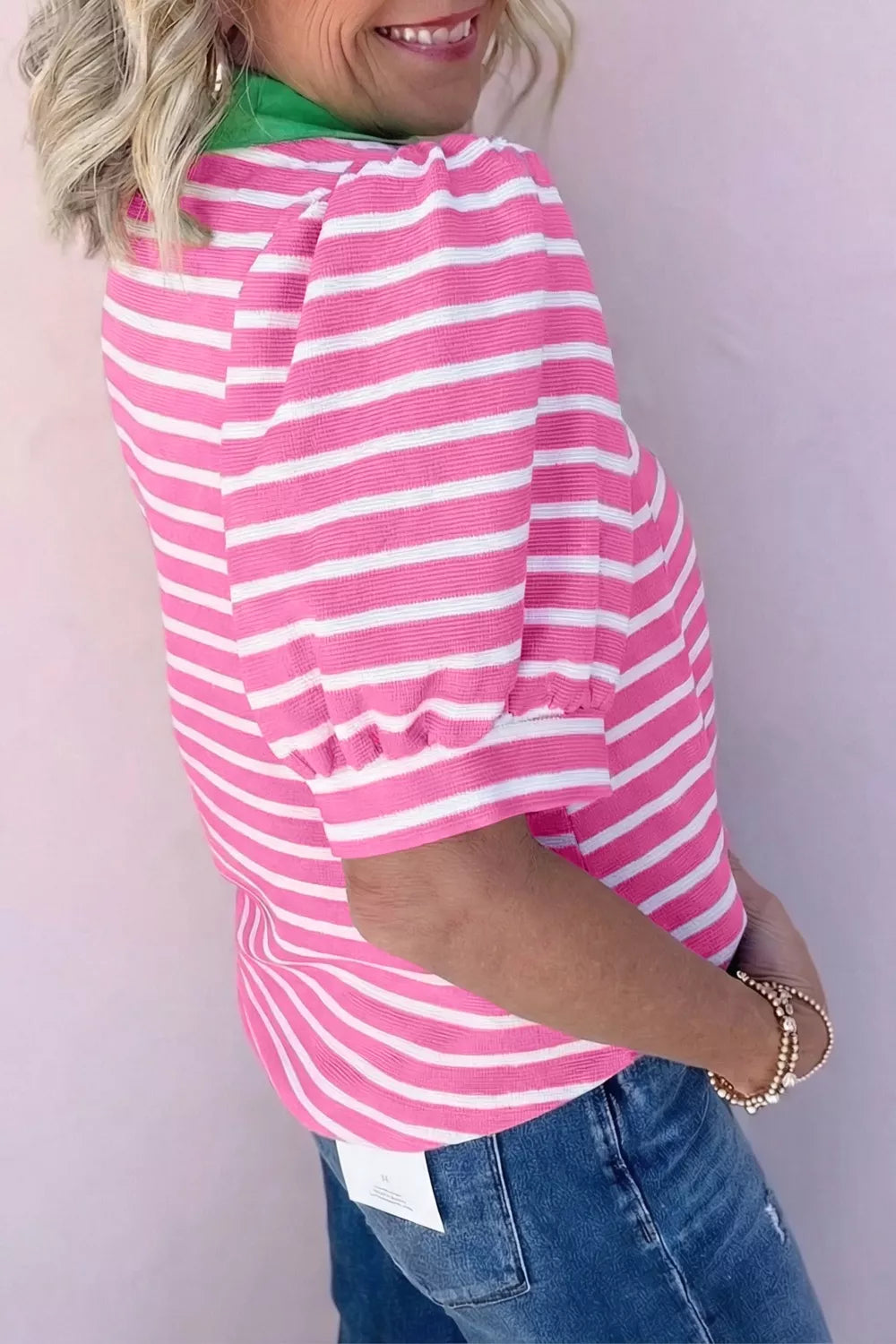 Stripe Short Puff Sleeve Color Block Polo Collar Blouse
