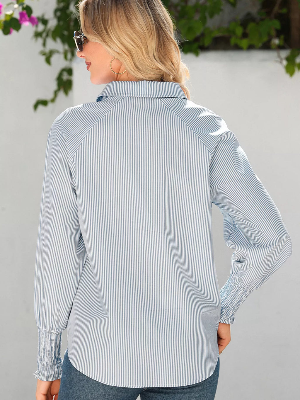 Pinstripe Long Sleeve Smocked Cuffs Button Shirt Collar Blouse