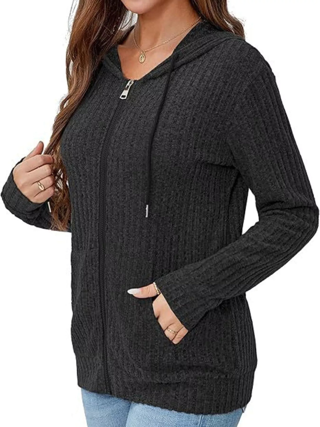 Ribbed Zip Up Hooded Outerwear