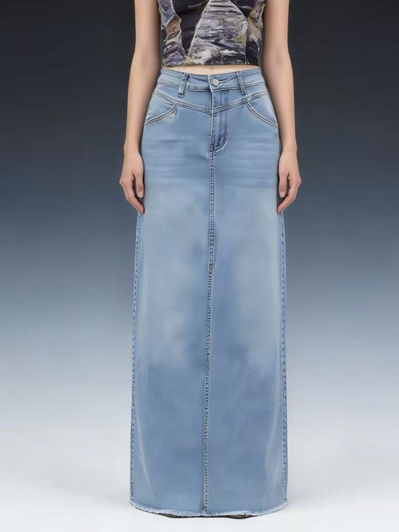 Raw Hem Maxi Denim Skirt