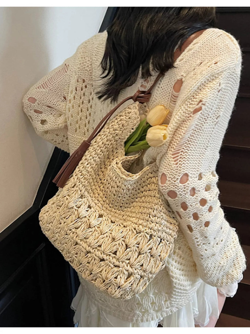 Woven Straw Shoulder Bag with Tassels