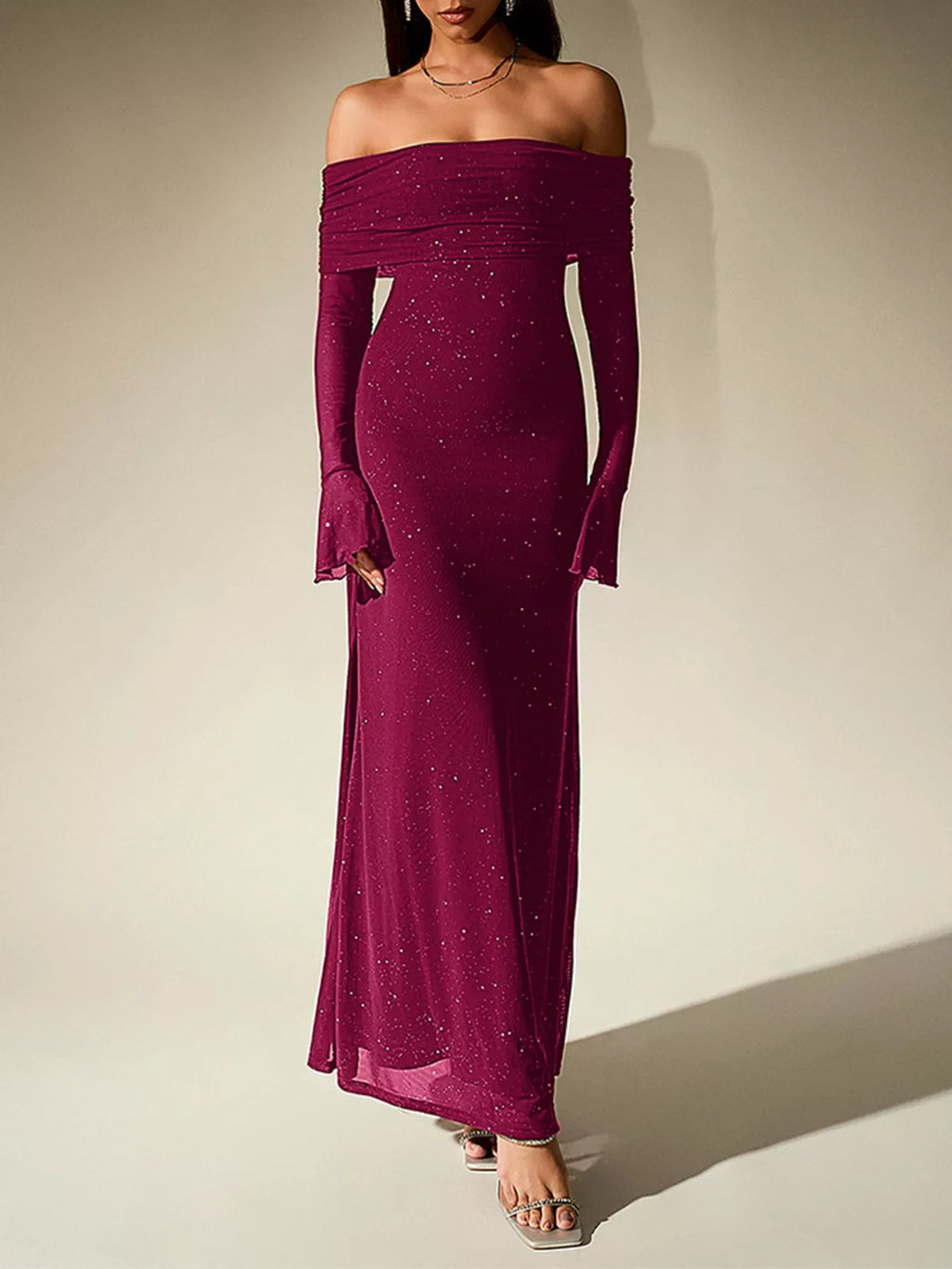 Glitter Off-Shoulder Maxi Dress
