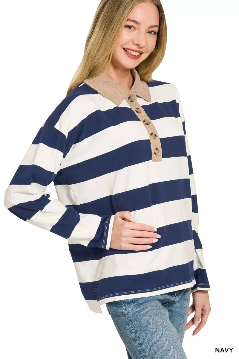 Zenana Striped Contrast Collar Polo Tee