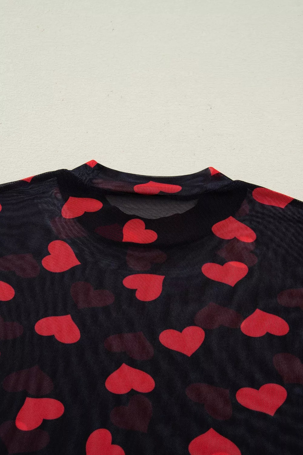 Valentines Heart Printed Sheer Mesh Long Sleeve Top