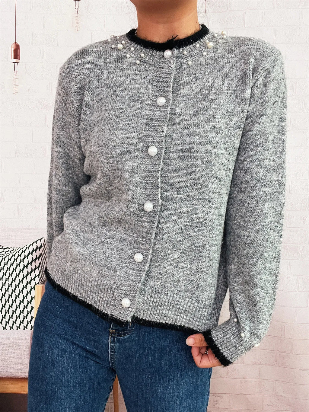 Pearl Embellished Button-Front Cardigan