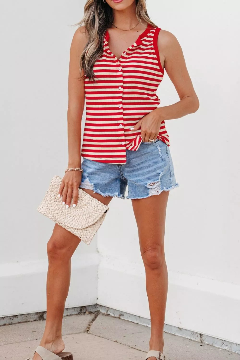 Stripe Buttoned Ribbed Knit Tank Top