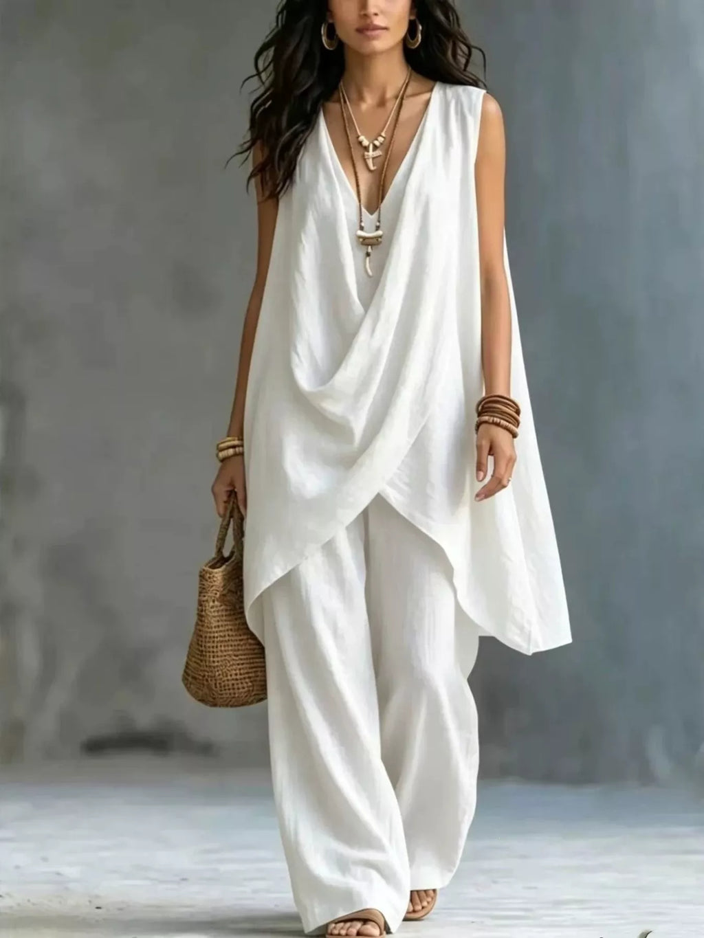 Sleeveless Asymmetrical Top and Wide-Leg Pants Set