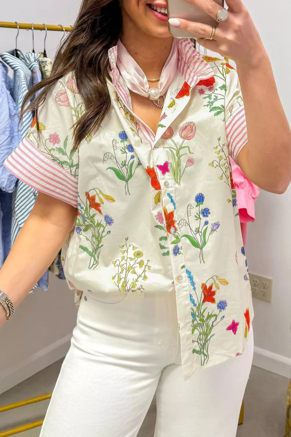 Floral Striped Patchwork Ruffled Collar Short Sleeve Shirt