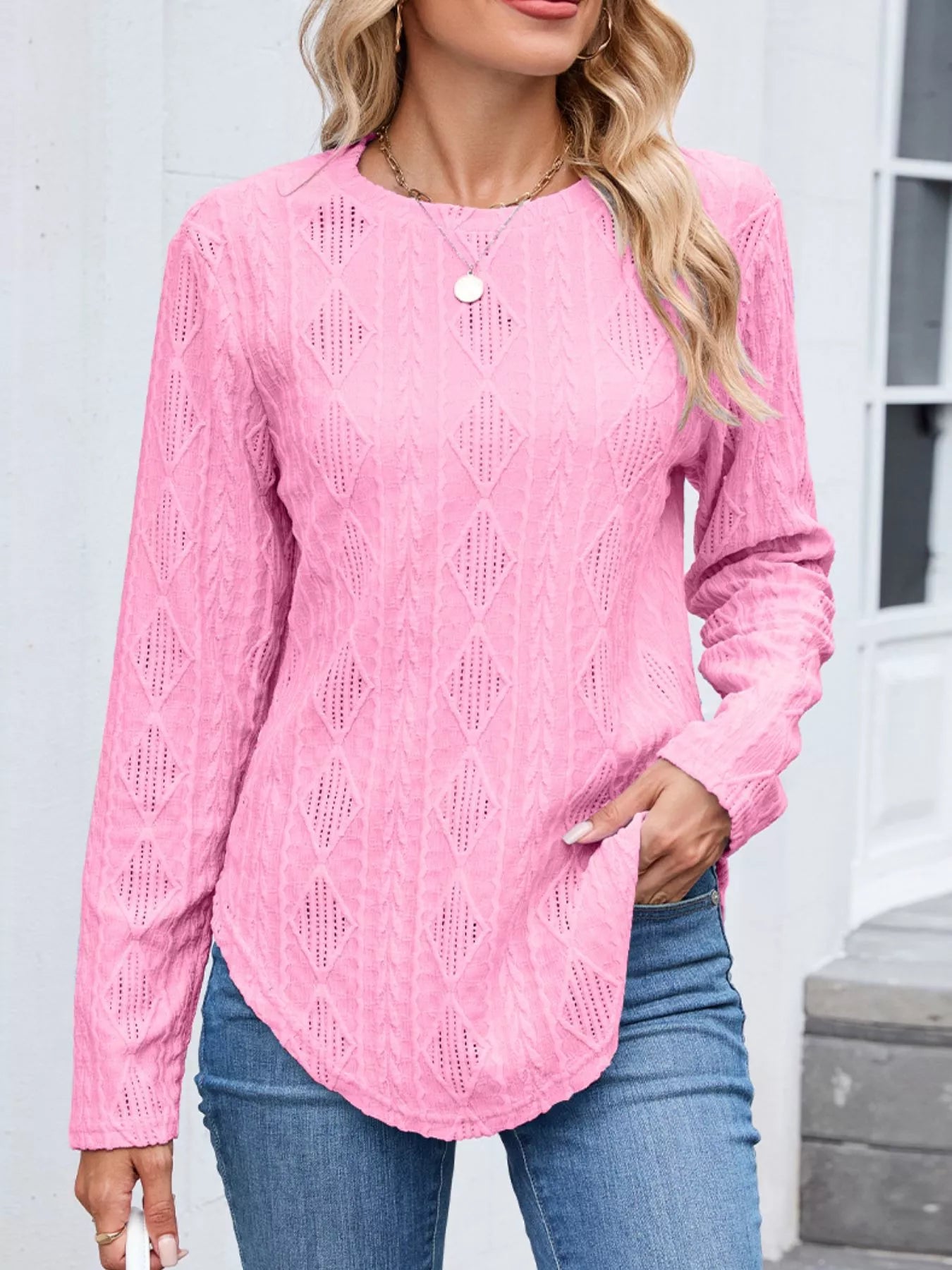 Openwork Textured Long Sleeve Top
