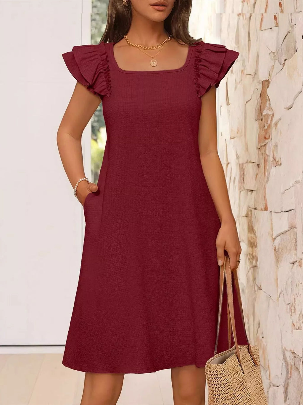 Ruffled Sleeve Square Neck Casual Dress