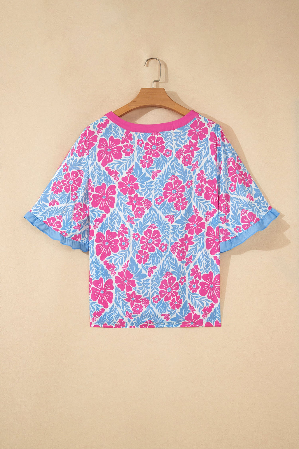 Floral Colorblock Trim Ruffle 3/4 Sleeve Blouse