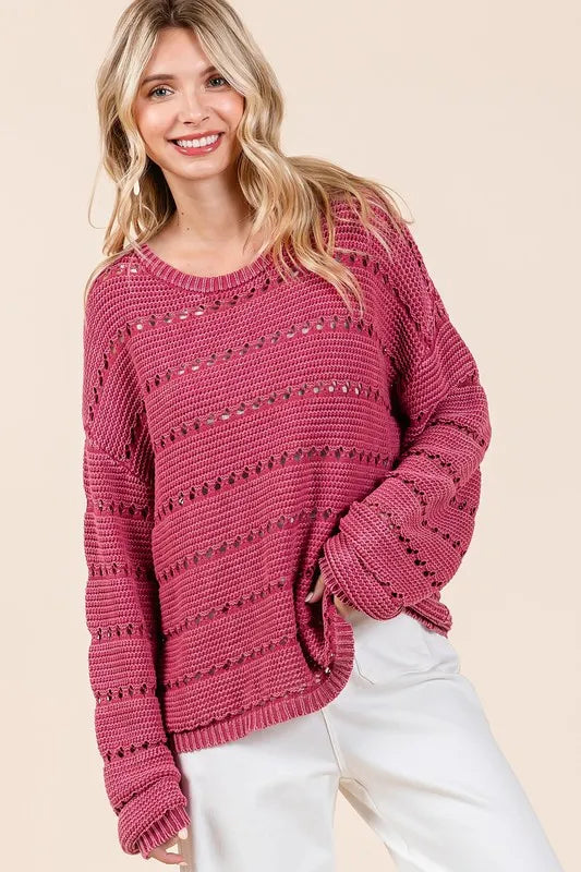 Mittoshop Openwork Round Neck Drop Shoulder Sweater