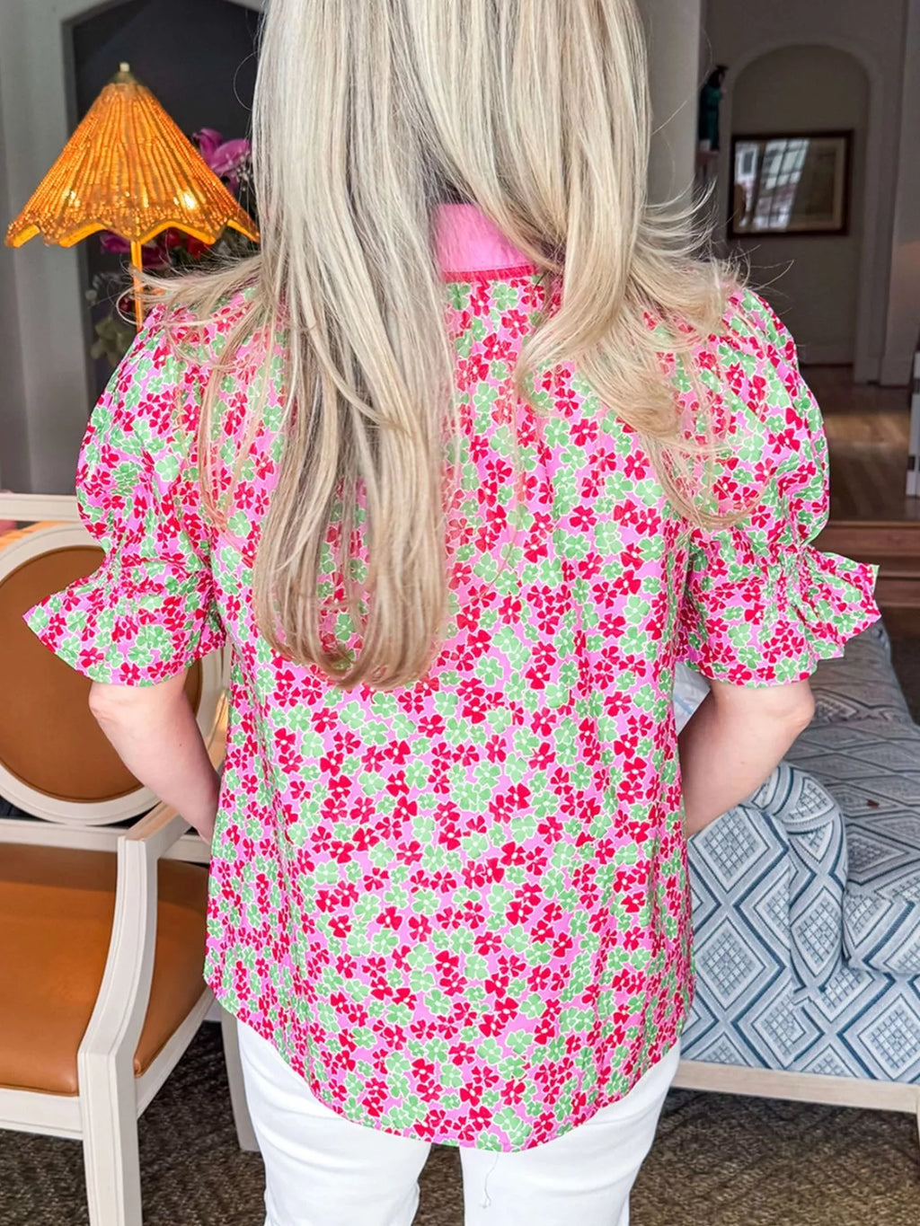 Floral Collared V Neck Short Puff Sleeve Blouse
