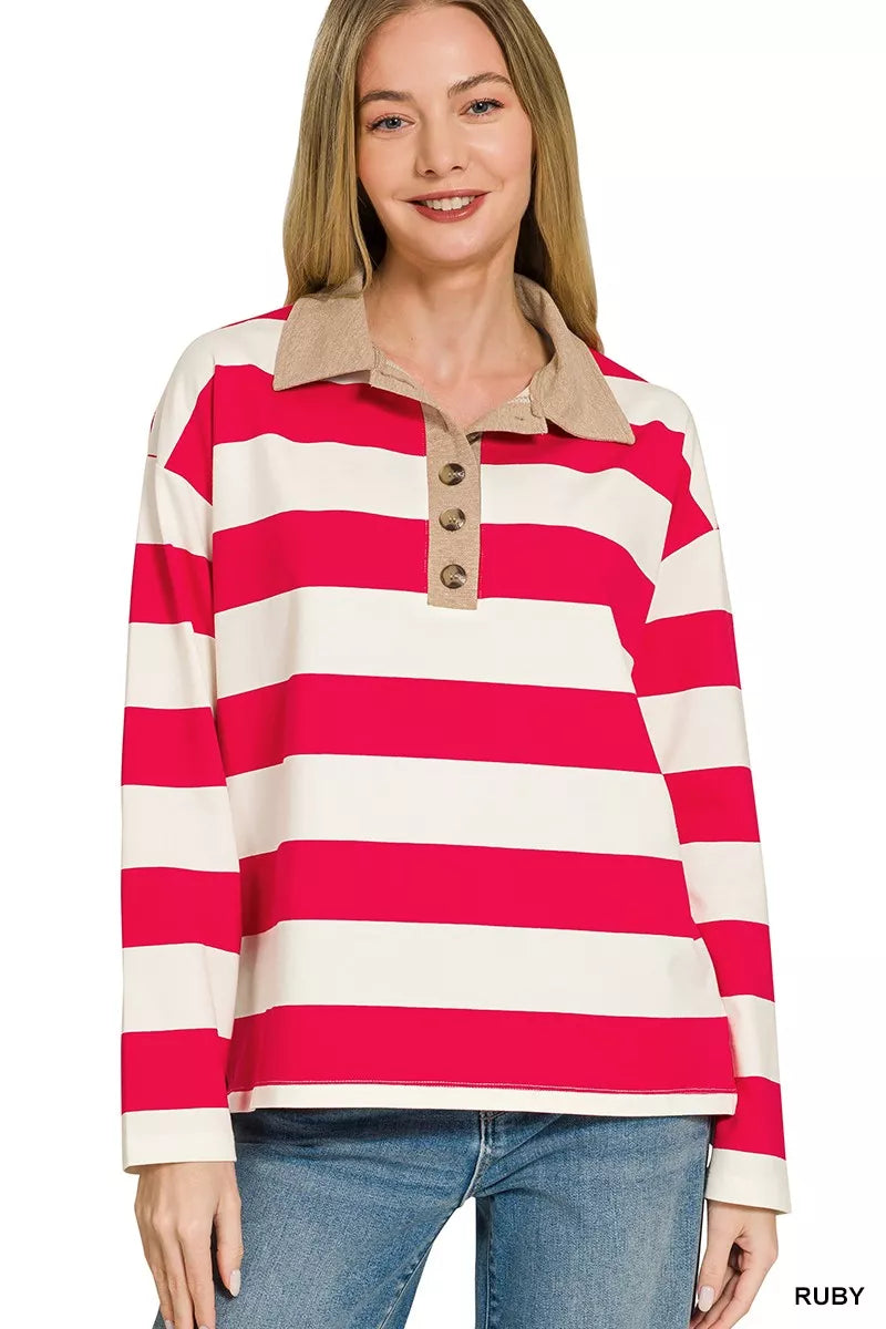Zenana Striped Contrast Collar Polo Top