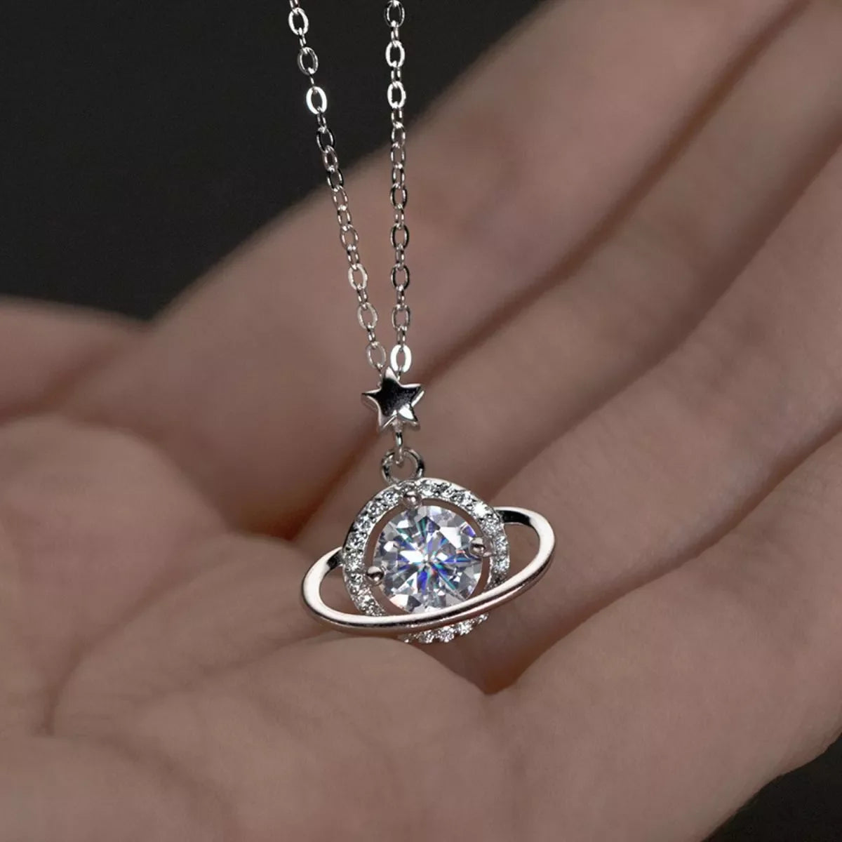 1 Carat 925 Sterling Silver Moissanite Planet Pendant Necklace