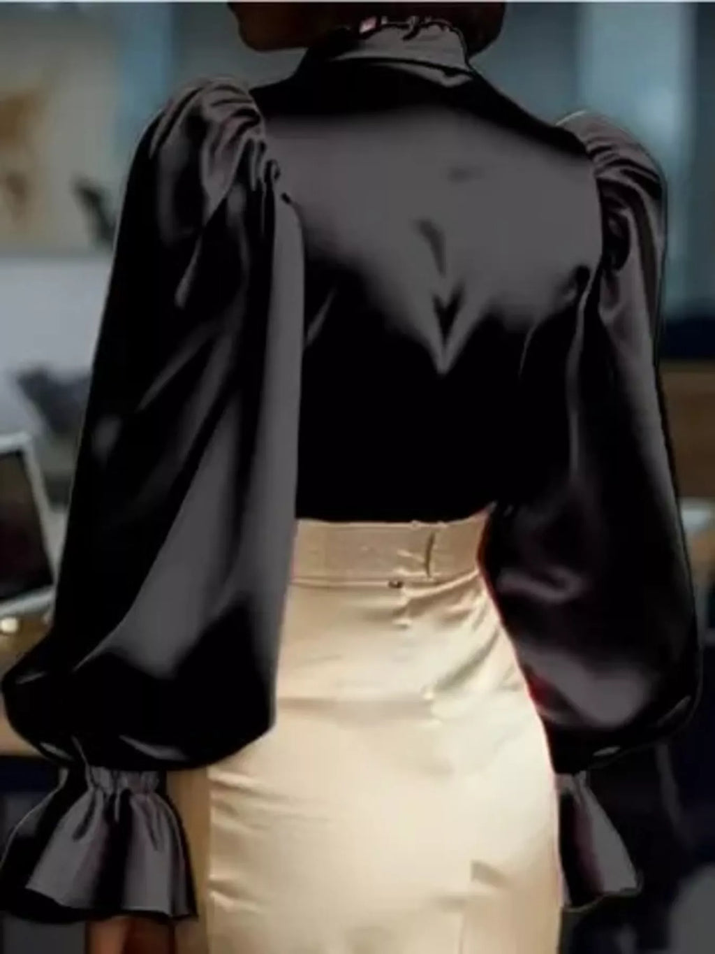 Satin Button Up Flounce Sleeve Shirt