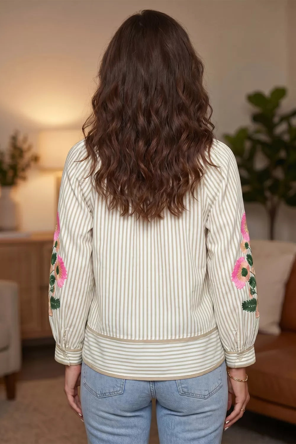 Stripe V Neck Floral Embroidered Long Sleeve Blouse