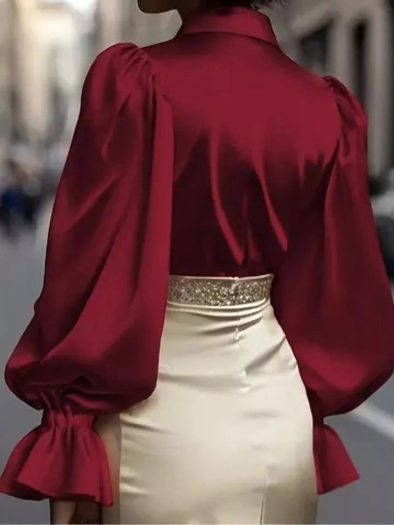 Satin Button Up Flounce Sleeve Shirt