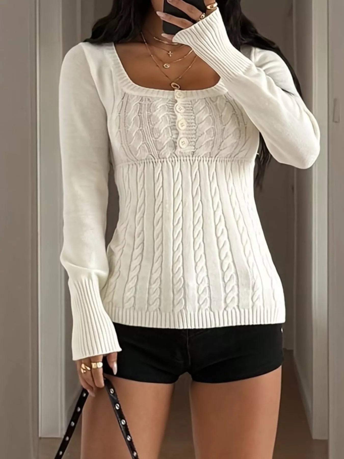 Cable Knit Button-Front Fitted Sweater