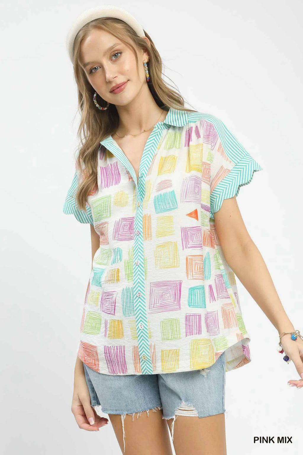Umgee Mixed Media Print Button Front Collared Top