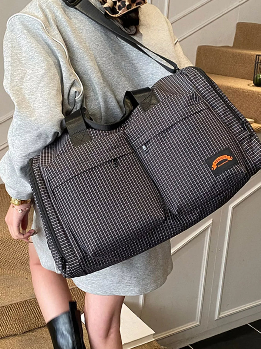 Plaid Duffel Bag with Multiple Pockets