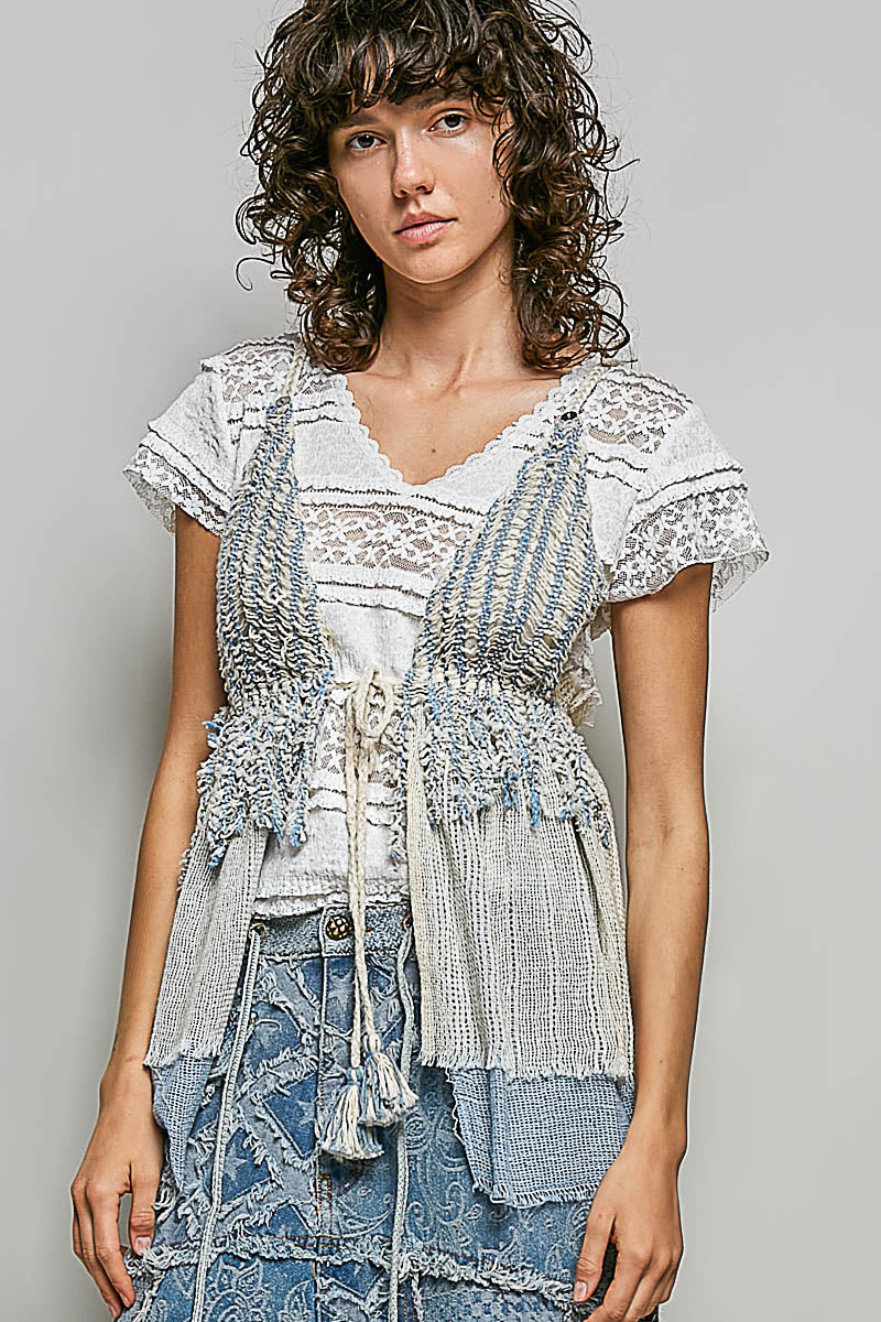 POL Subtle Stripe Pattern Cross-Back String Top with Center Tie Detail