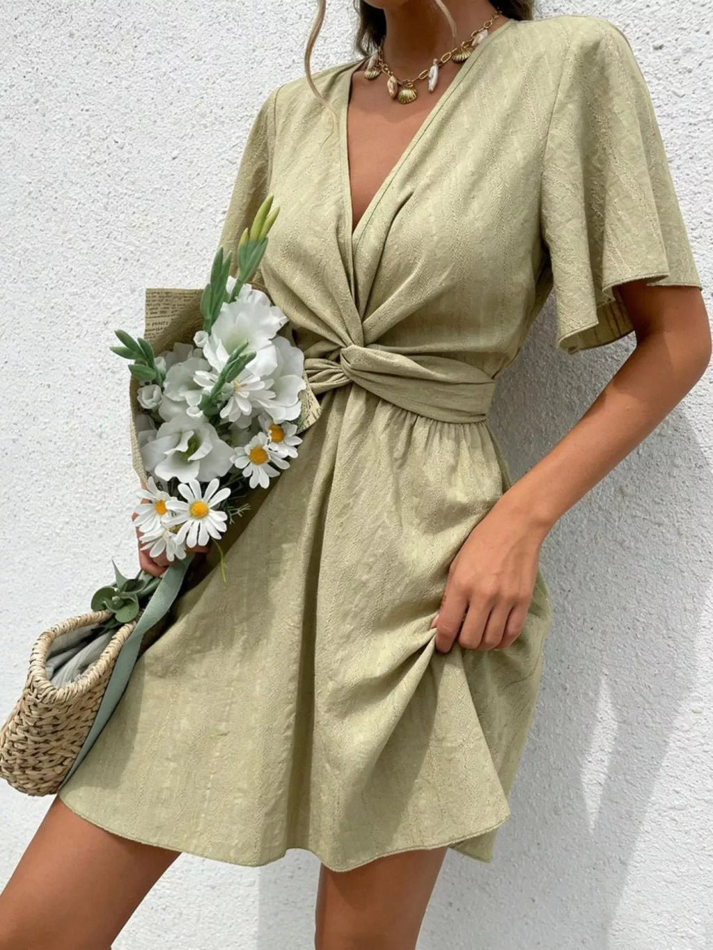 Twist Waist Flutter Sleeve Mini Dress
