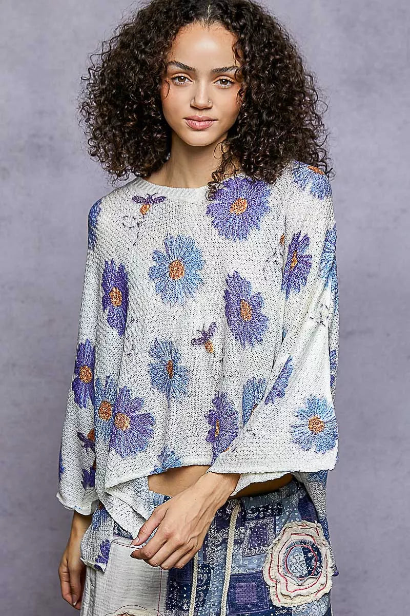 POL Floral Round Neck Rolling Edge Sweater