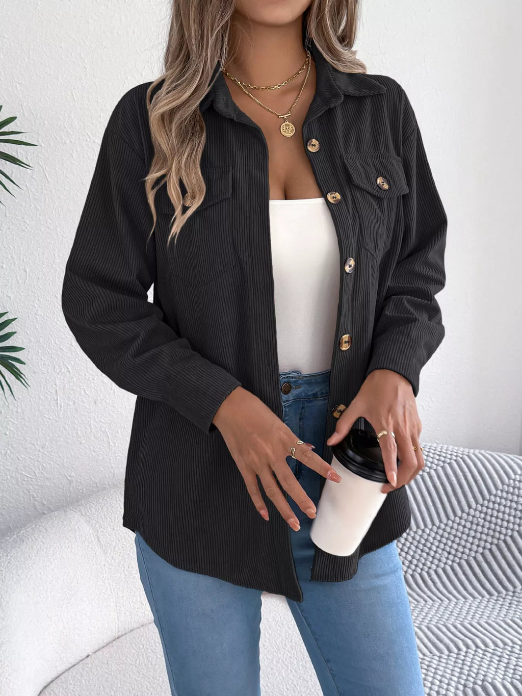 Casual Corduroy Button-Up Shacket
