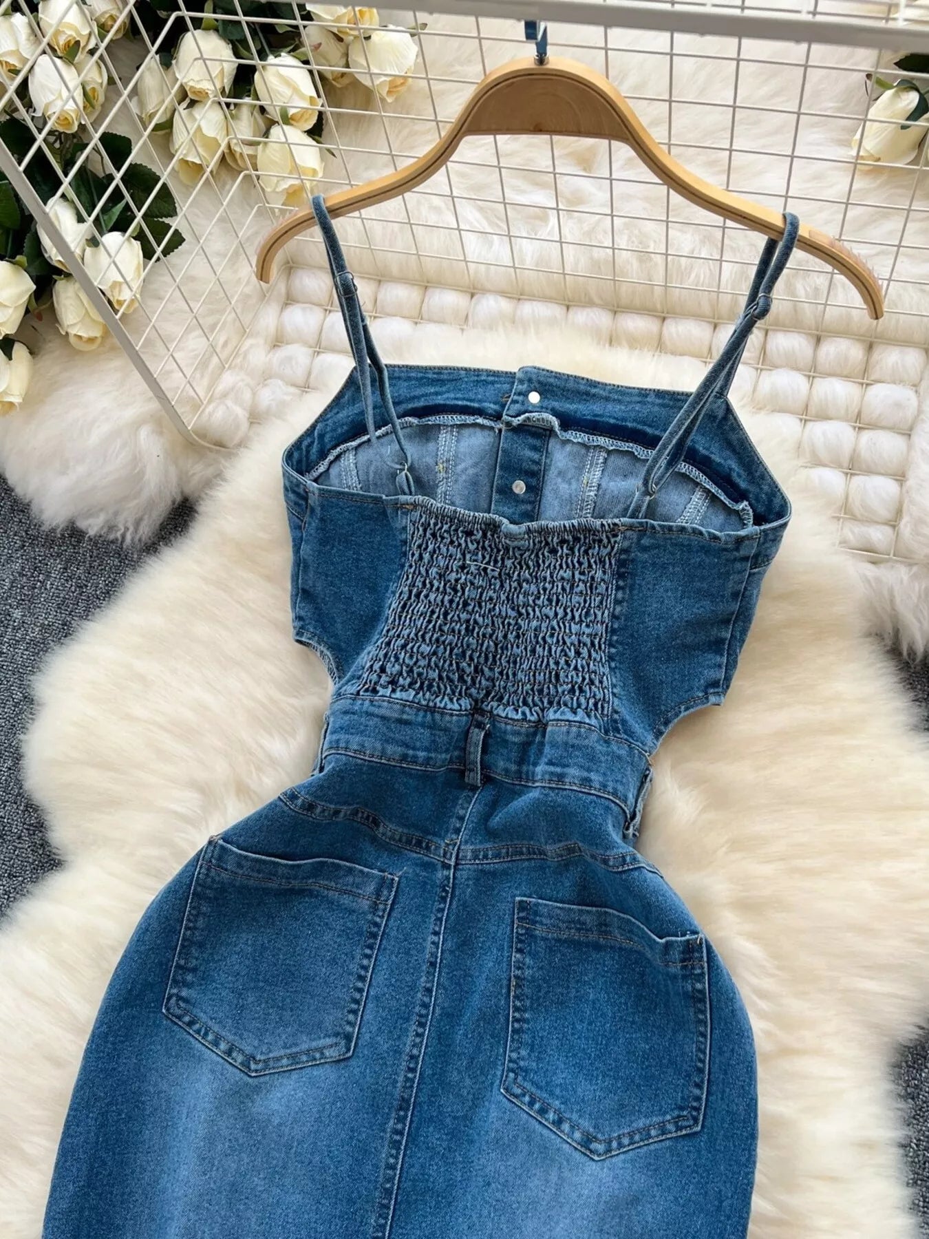 Sleeveless Frayed Hem Slit Denim Dress