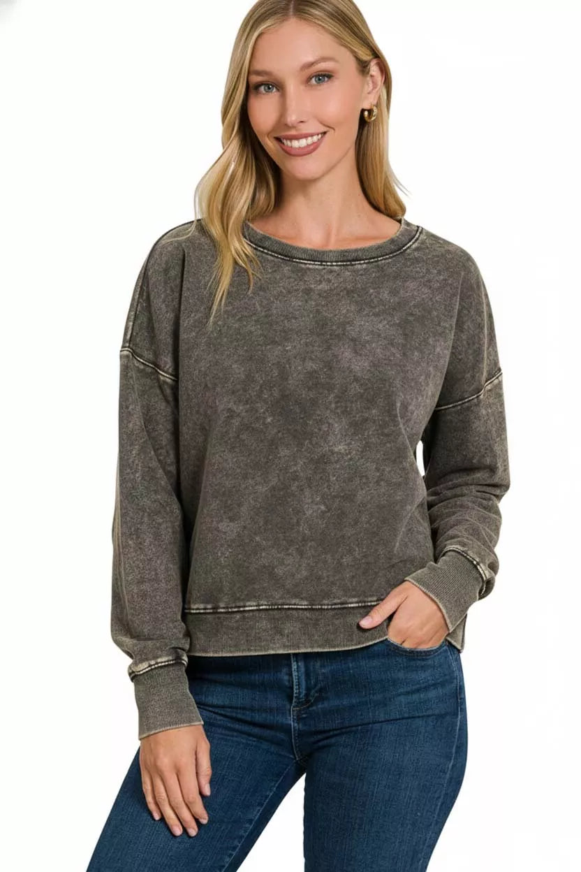 Zenana French Terry Acid Wash Boat Neck Sweatshirt