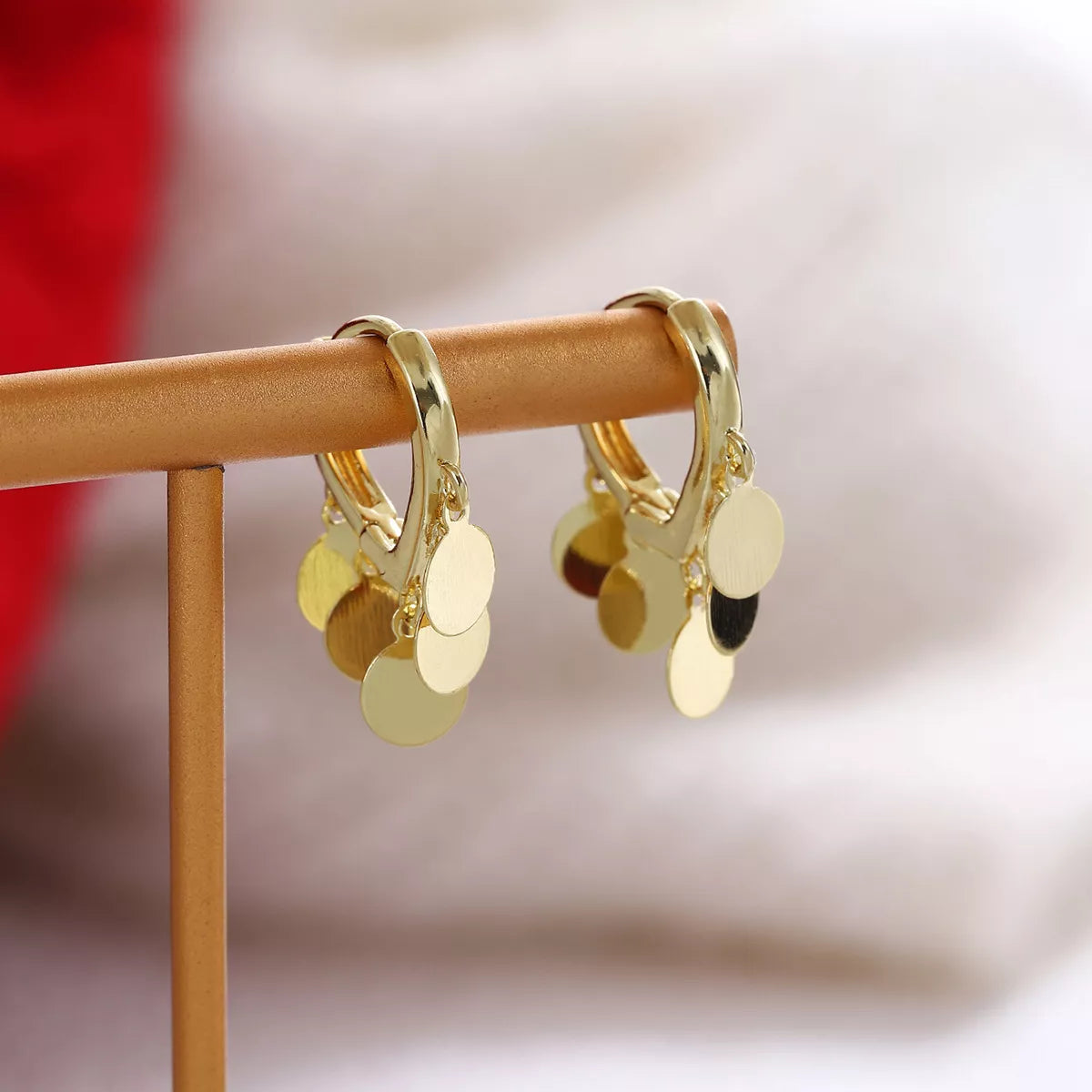 18K Gold-Plated Drop Hoop Earrings with Dangling Disc Charms