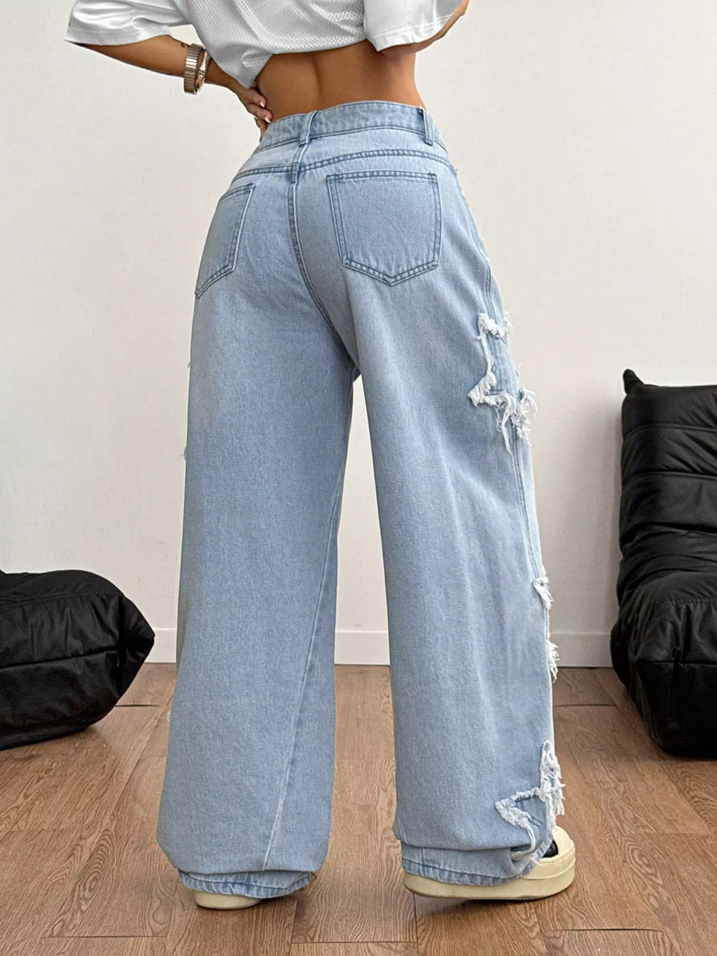 Distressed Star Patch Wide-Leg Jeans