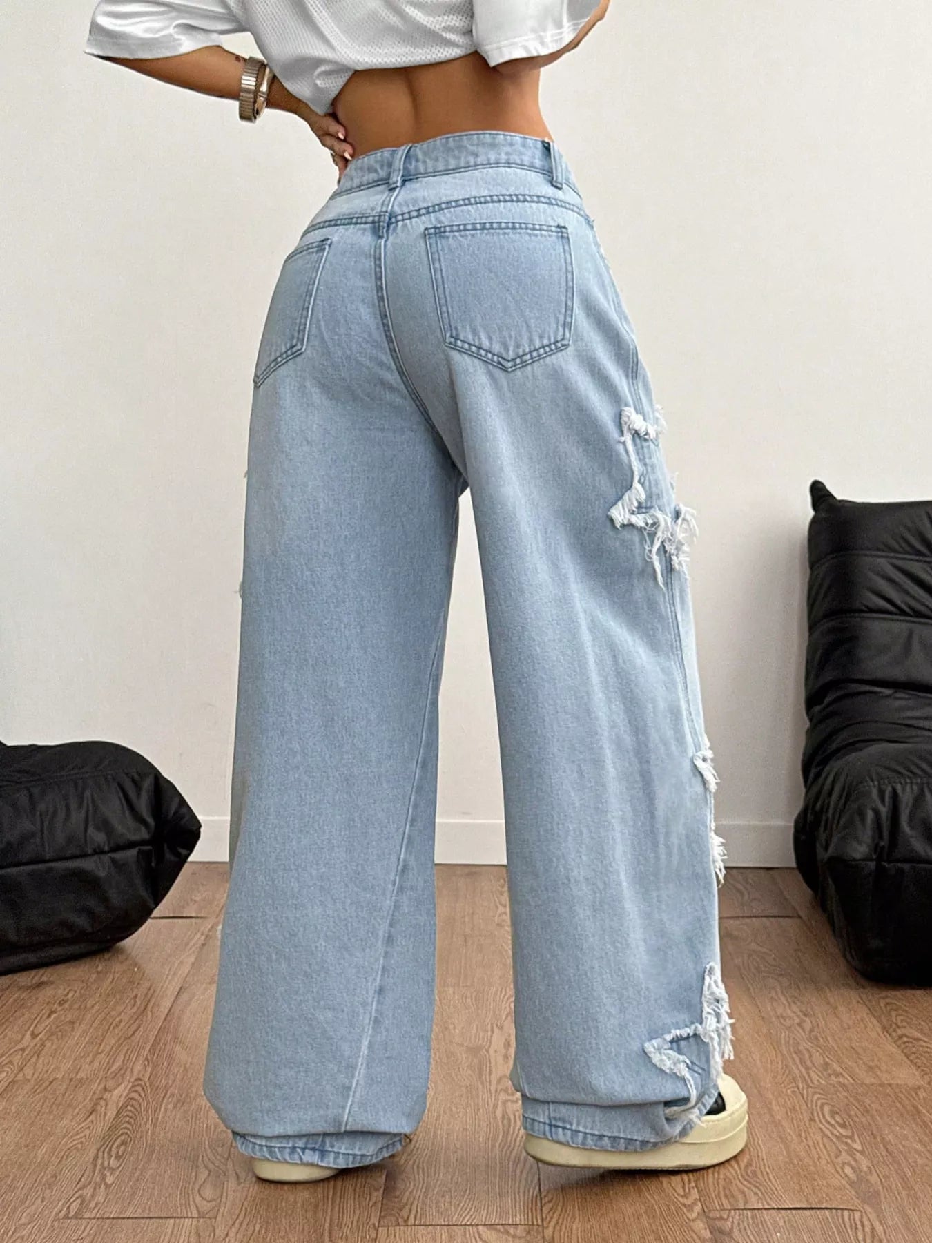 Distressed Star Patch Wide-Leg Jeans