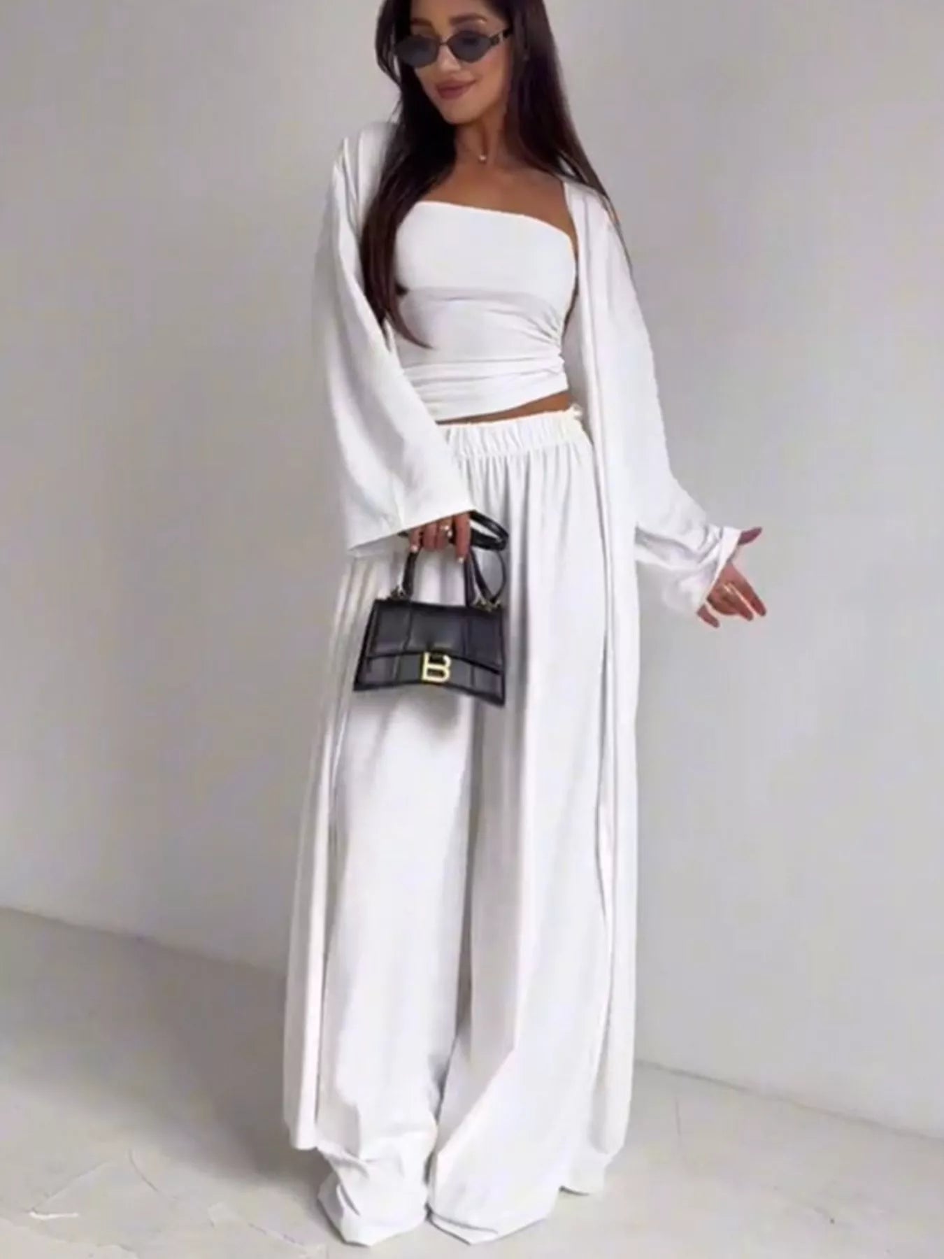 Tube Top & Cardigan & Wide Leg Pants 3-Piece Set
