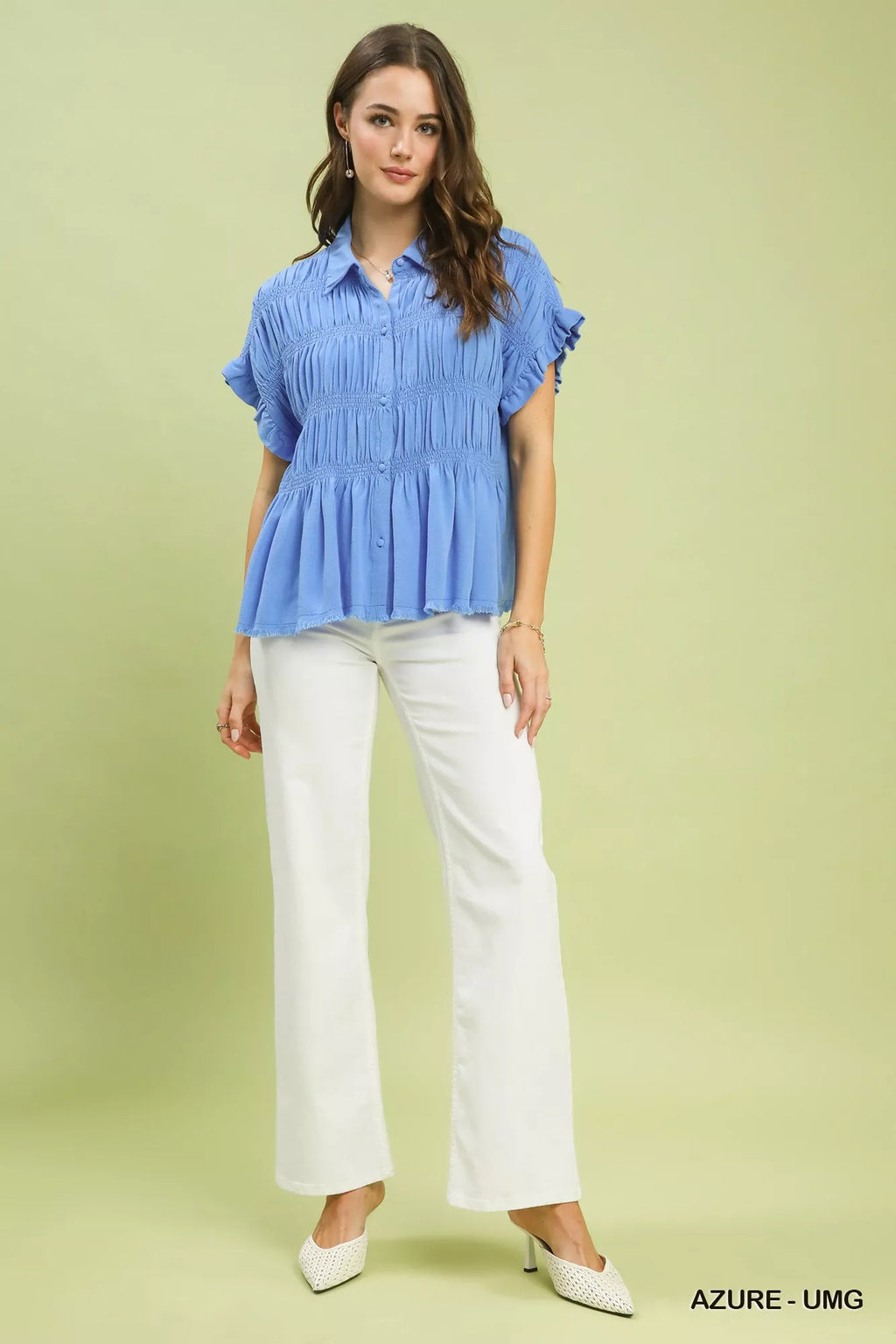 Umgee Washed Linen Blend Smocked Shirt