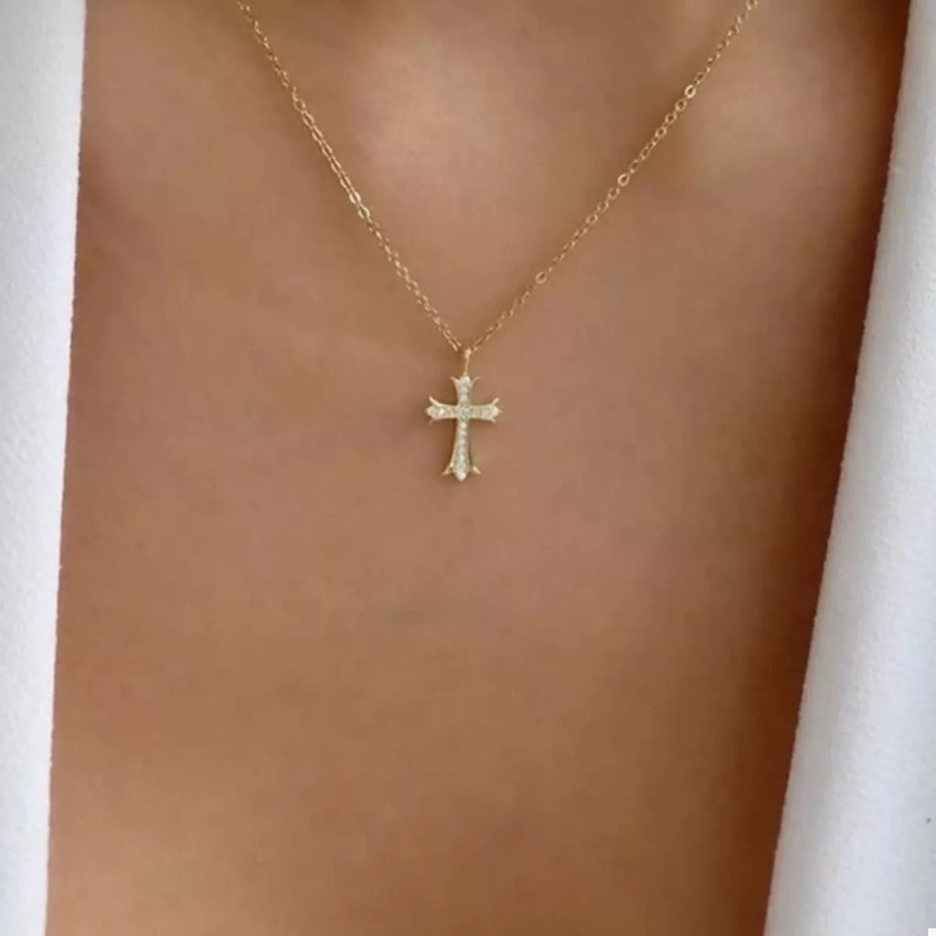 18K Gold-Plated Rhinestone Cross Necklace
