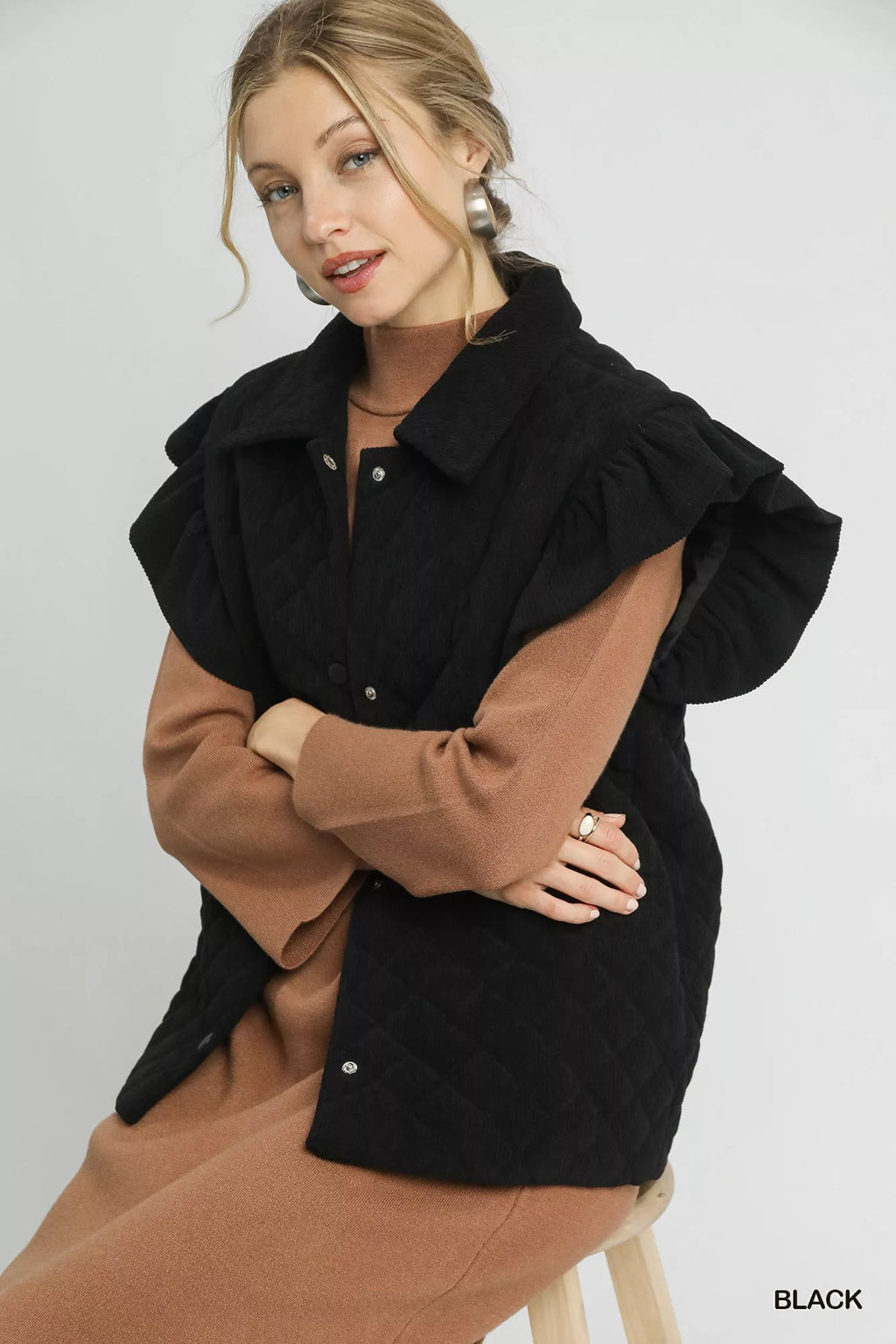 Umgee Corduroy Quilted Ruffle Sleeve Vest