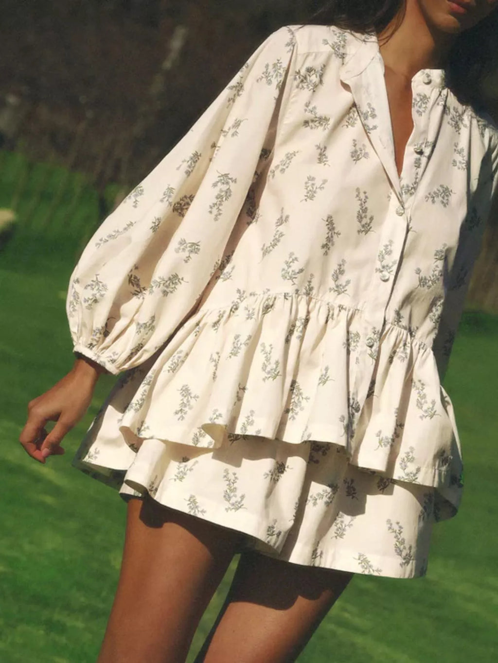 Floral Print Balloon Sleeve Top and Shorts Set