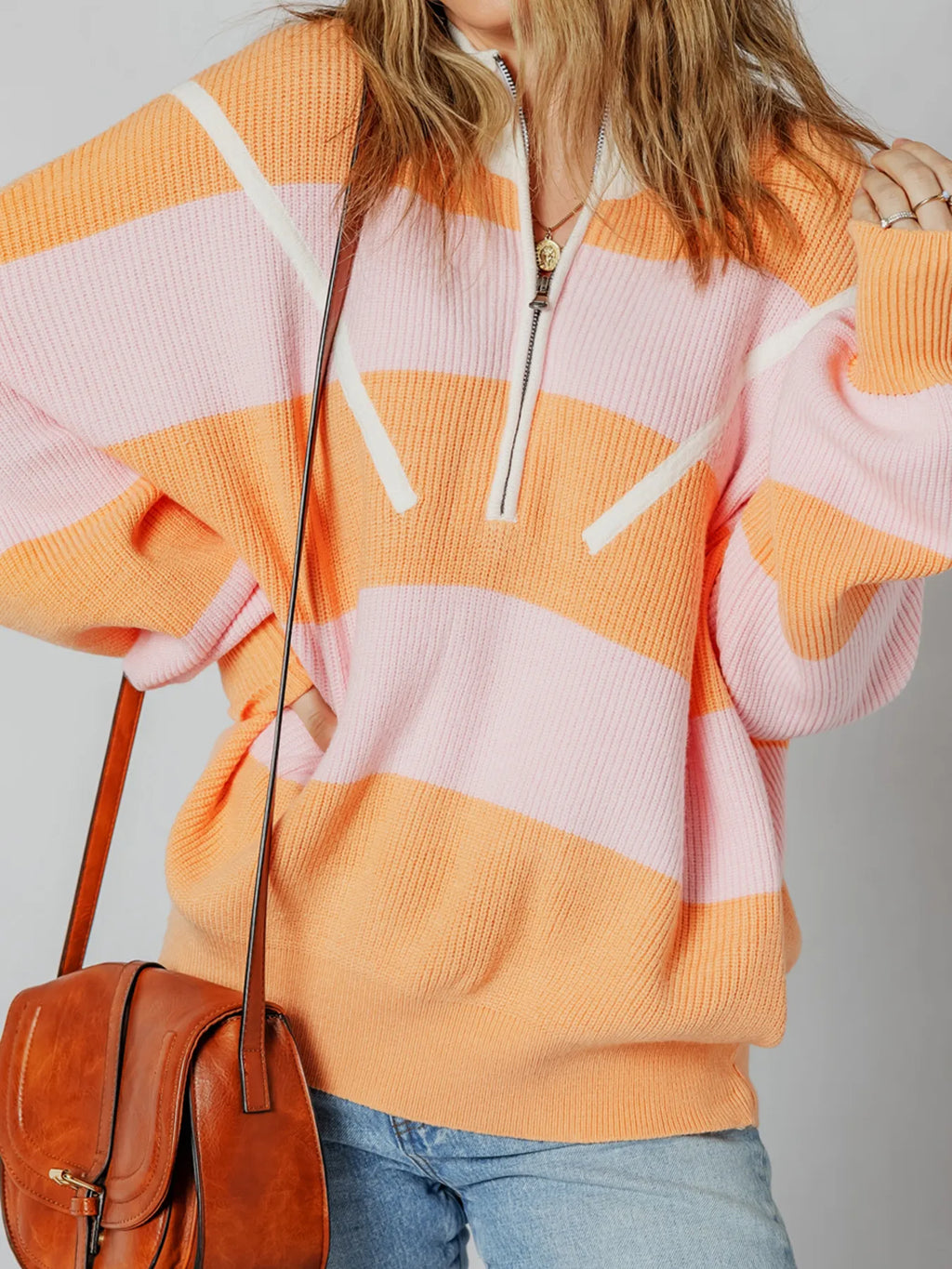 Stripe Color Block Half Zip Oversize Sweater