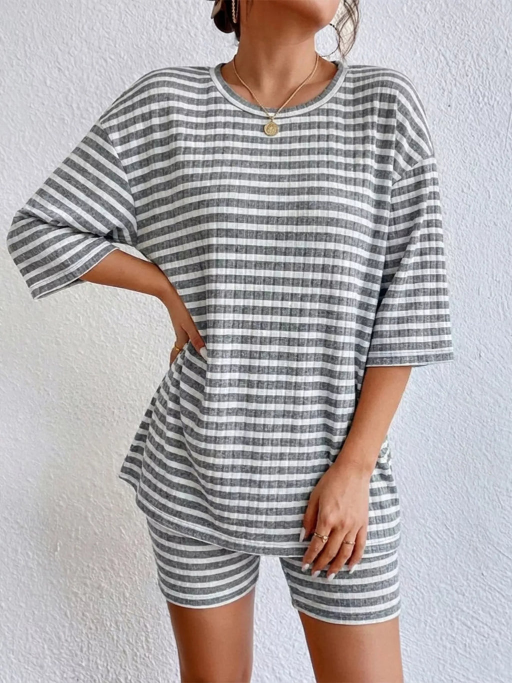 Striped Round Neck Top and Shorts Set