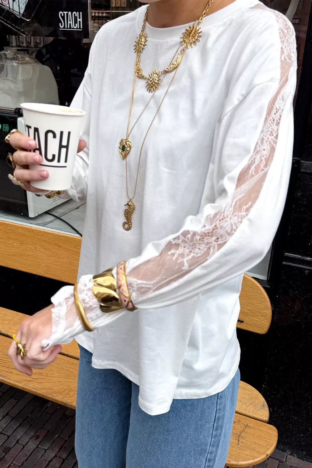 Lace Patchwork Round Neck Long Sleeve Top