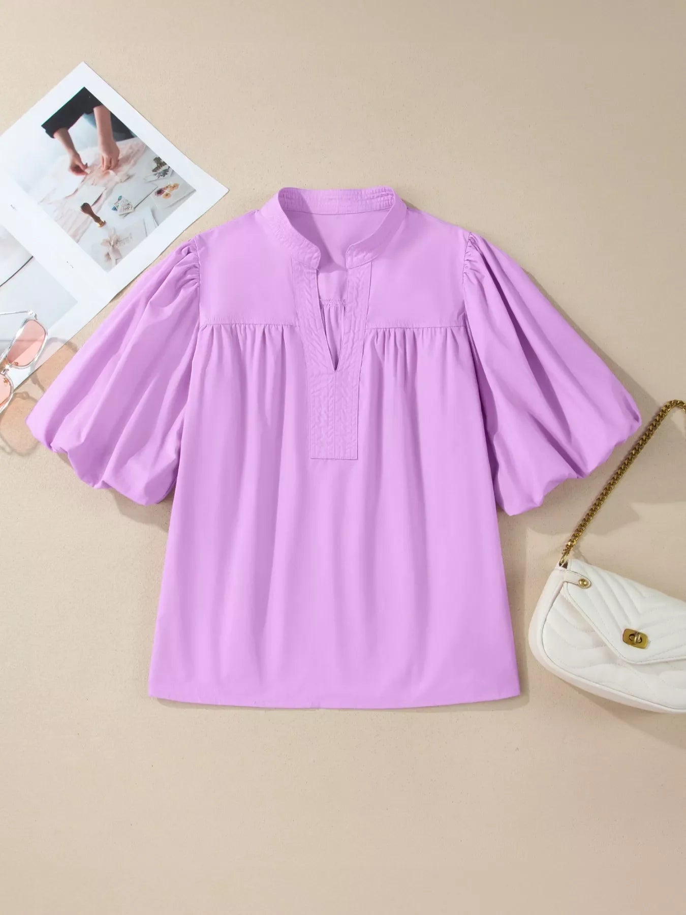 Notched Puff Sleeve Blouse