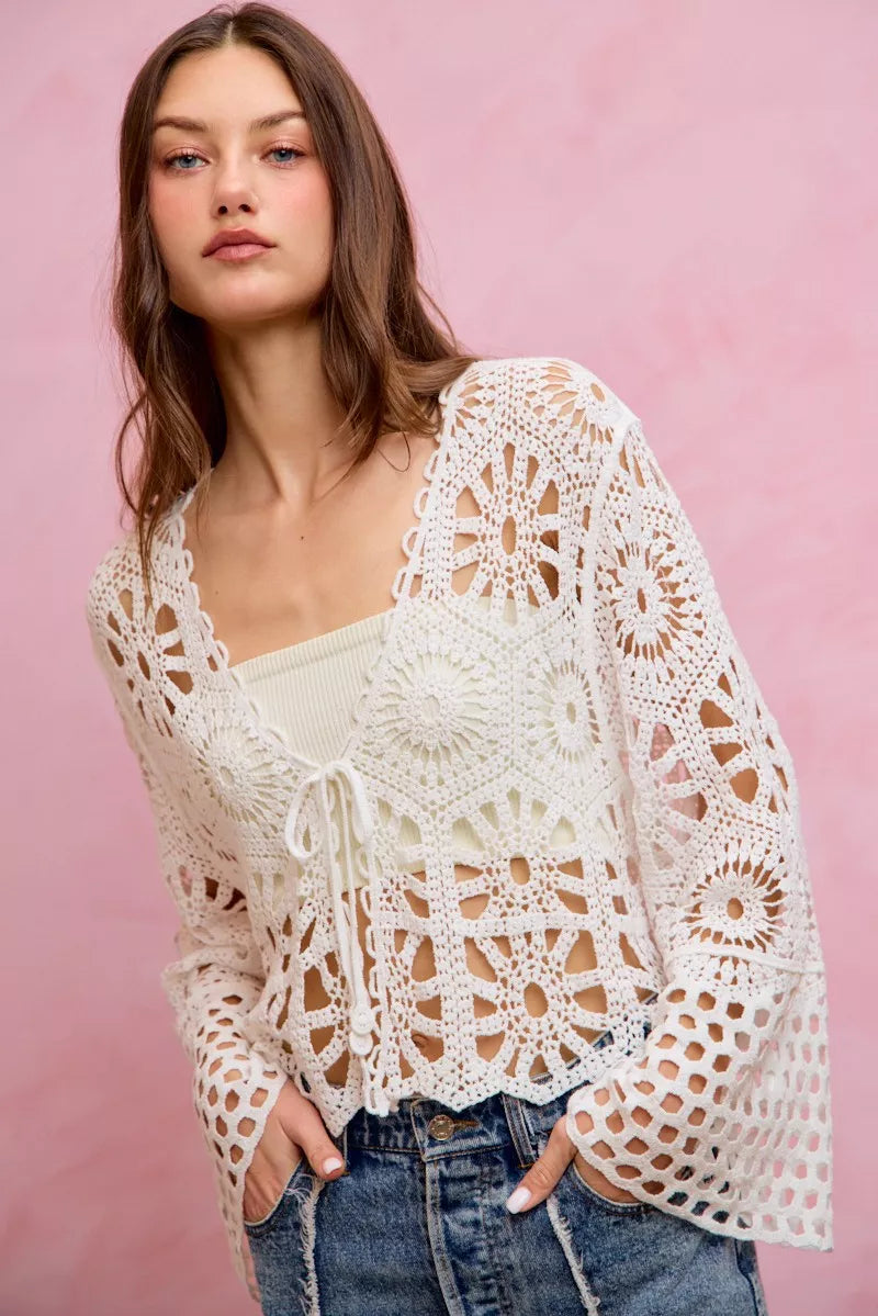 SO ME Floral Pattern Crochet Knit Tie Front Crop Cardigan
