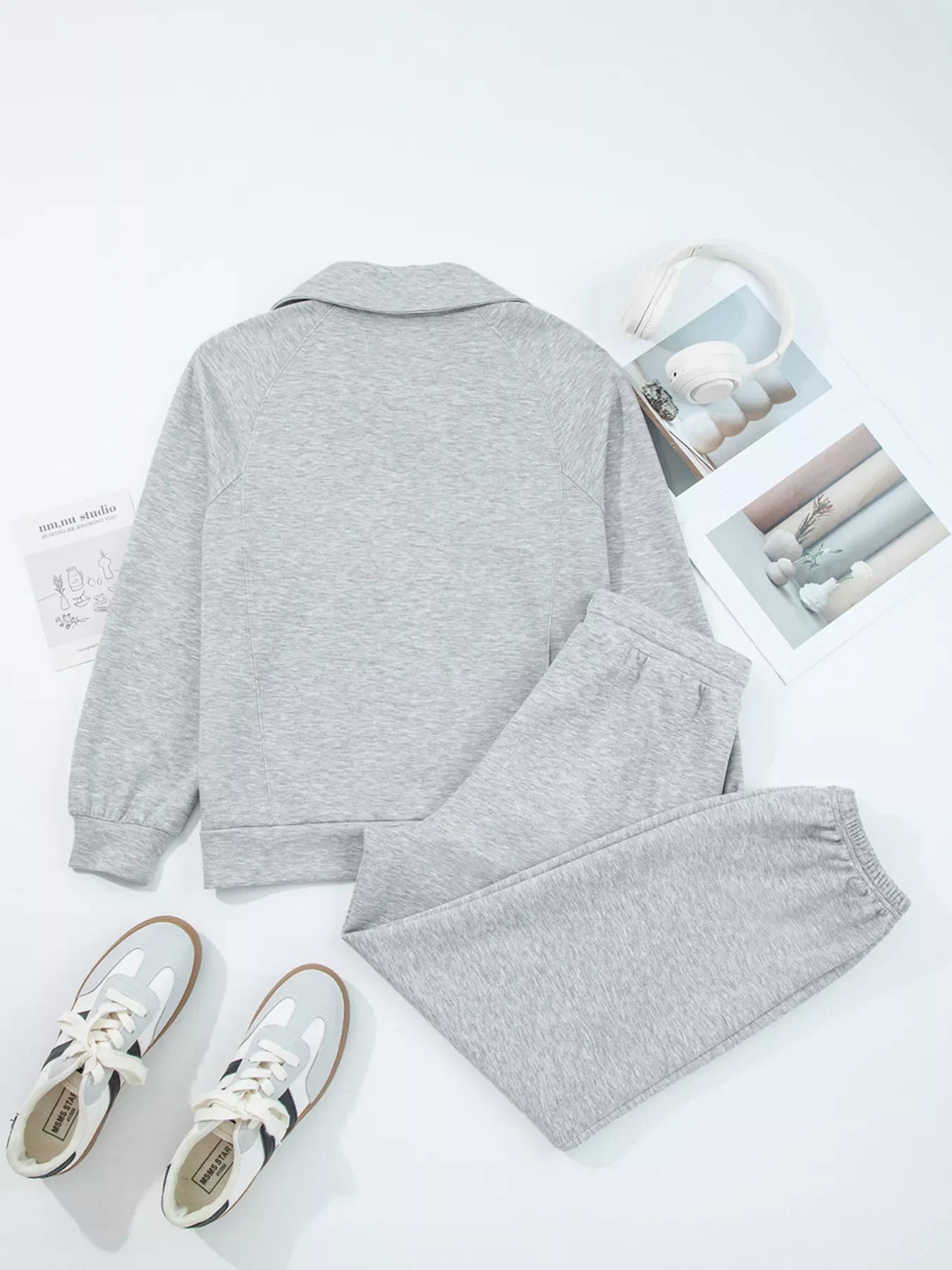 Zip Collar Long Sleeve Top and Drawstring Pants Set