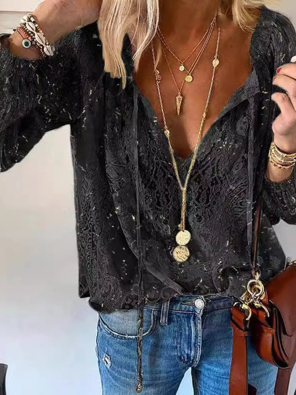 Lace Tie-Neck Blouse